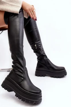 Boto Muszkieterki|Kozaki Za Kolano*Kozaki Damskie Za Kolano Na Masywnej Podeszwie Czarne Chinasa