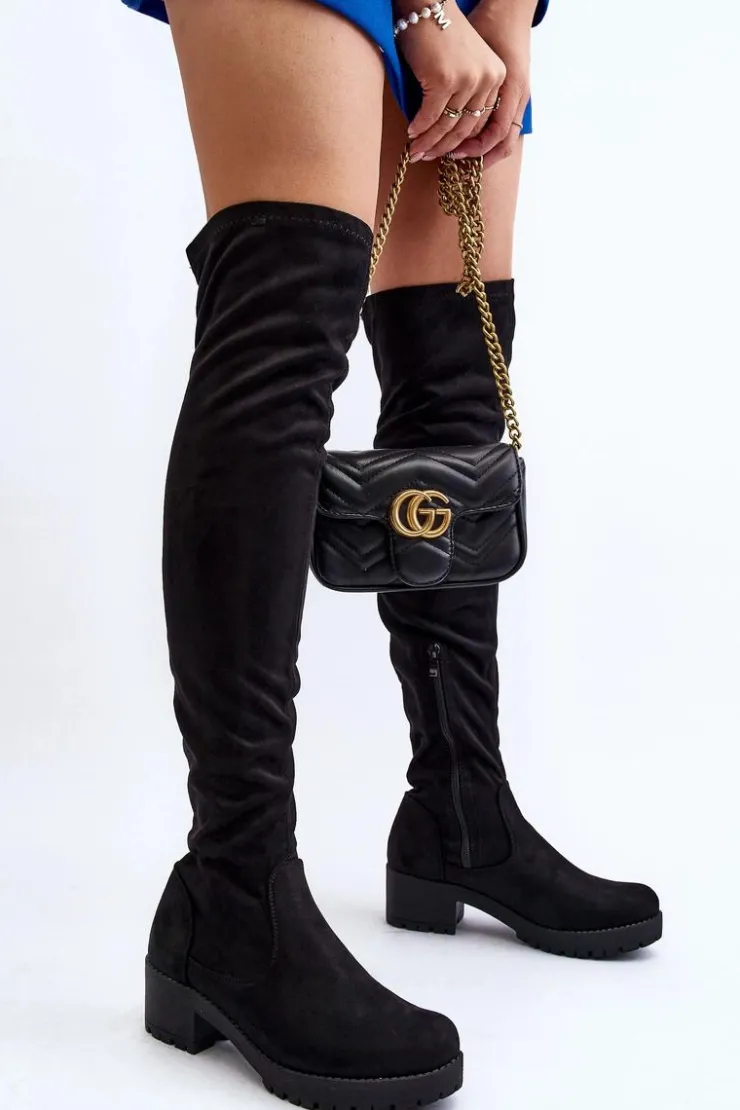 Damskie Boto Kozaki Damskie Za Kolano Na Niskim Obcasie Czarne Berrinda