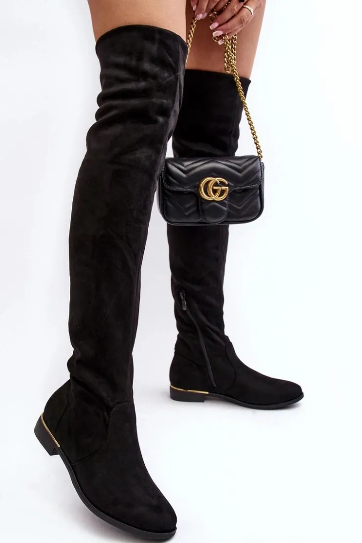 Best Boto Kozaki Damskie Za Kolano Na Płaskim Obcasie Czarne Bikka