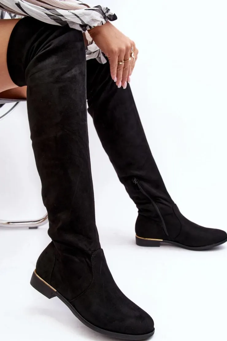 Best Boto Kozaki Damskie Za Kolano Na Płaskim Obcasie Czarne Bikka