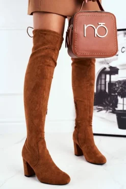 Damskie Boto Kozaki Damskie Zamszowe Na Słupku Camel Highso