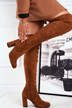 Damskie Boto Kozaki Damskie Zamszowe Na Słupku Camel Highso