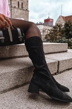 Boto Kozaki Ocieplane|Kozaki Na Słupku*Kozaki Damskie Ze Zdobieniem Na Klocku Eko Zamszowe Czarne Ivanna Czarny