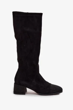 Boto Kozaki Ocieplane|Kozaki Na Słupku*Kozaki Damskie Ze Zdobieniem Na Klocku Eko Zamszowe Czarne Ivanna Czarny