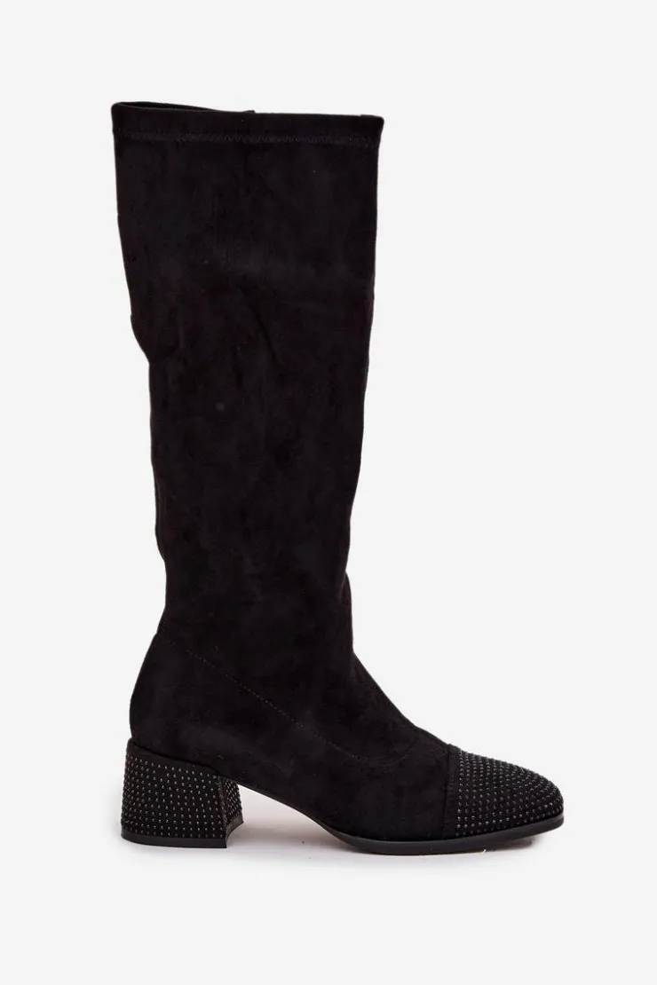 Boto Kozaki Ocieplane|Kozaki Na Słupku*Kozaki Damskie Ze Zdobieniem Na Klocku Eko Zamszowe Czarne Ivanna Czarny