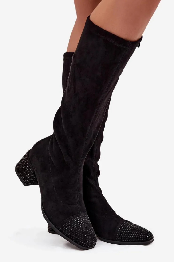 Boto Kozaki Ocieplane|Kozaki Na Słupku*Kozaki Damskie Ze Zdobieniem Na Klocku Eko Zamszowe Czarne Ivanna Czarny