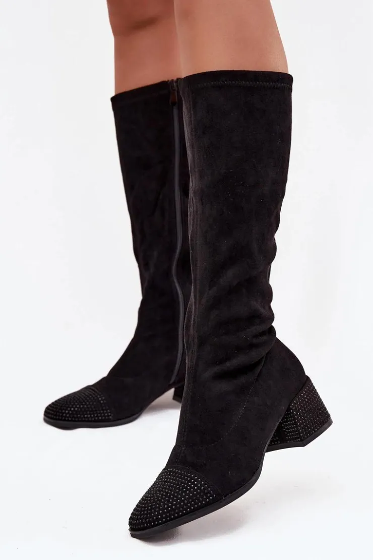 Boto Kozaki Ocieplane|Kozaki Na Słupku*Kozaki Damskie Ze Zdobieniem Na Klocku Eko Zamszowe Czarne Ivanna Czarny