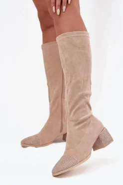 Discount Boto Kozaki Damskie Ze Zdobieniem Na Klocku Eko Zamszowe Beżowe Ivanna Beżowy