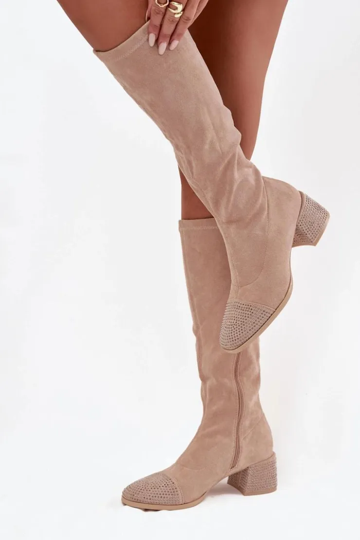 Discount Boto Kozaki Damskie Ze Zdobieniem Na Klocku Eko Zamszowe Beżowe Ivanna Beżowy