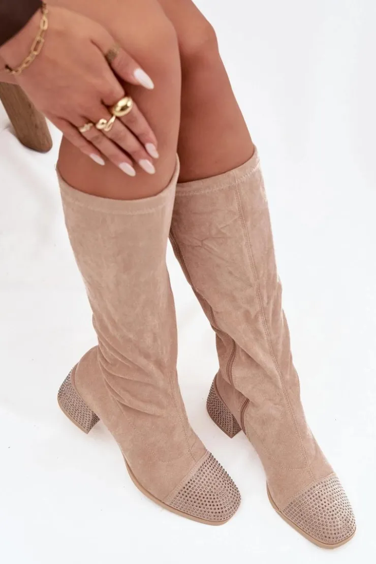 Discount Boto Kozaki Damskie Ze Zdobieniem Na Klocku Eko Zamszowe Beżowe Ivanna Beżowy