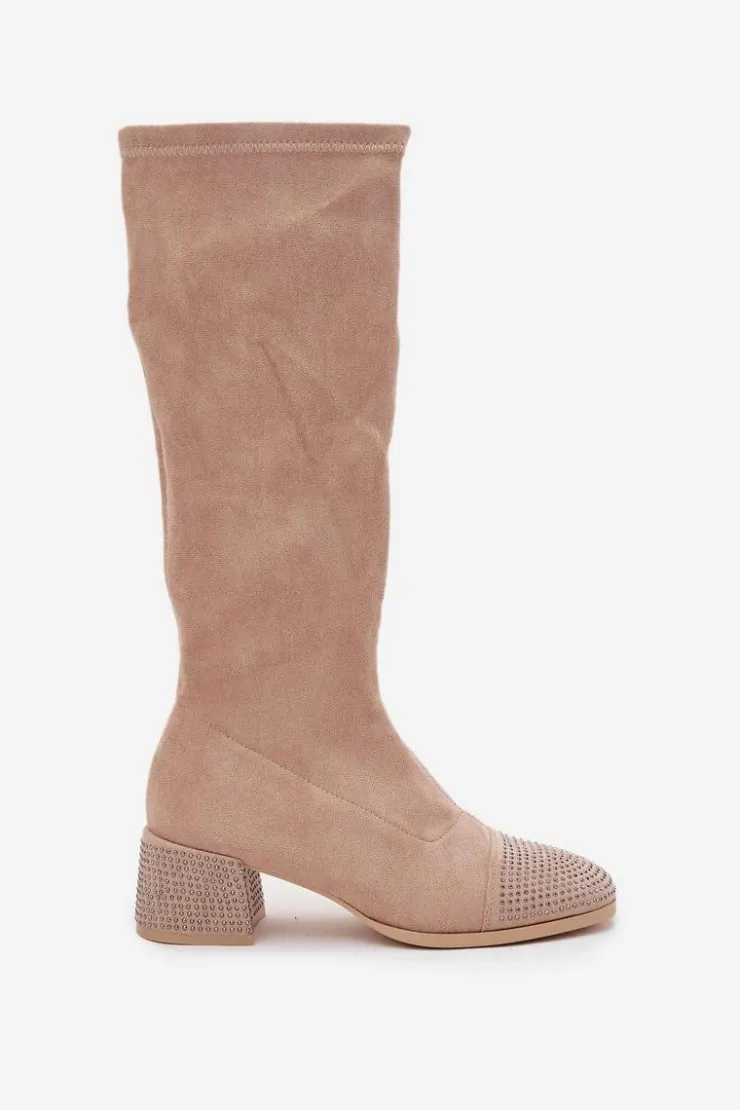 Discount Boto Kozaki Damskie Ze Zdobieniem Na Klocku Eko Zamszowe Beżowe Ivanna Beżowy