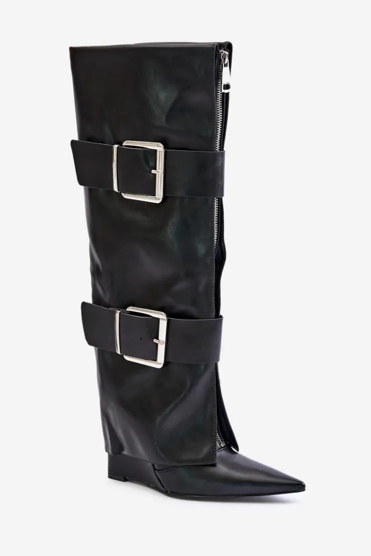 Best Boto Kozaki Do Kolana Na Koturnie Z Wywiniętą Cholewką I Klamrami Tamirla