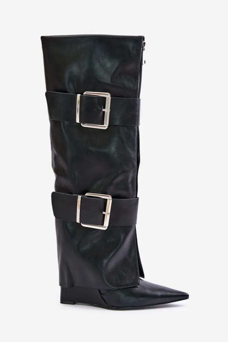 Best Boto Kozaki Do Kolana Na Koturnie Z Wywiniętą Cholewką I Klamrami Tamirla