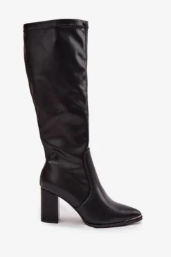 Damskie Damskie buty S.Barski Kozaki Do Kolana Na Obcasie Słupku Z Noskami W Szpic D&A HY42-921 Czarne