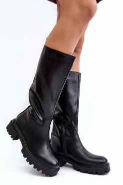 Sale Boto Kozaki Do Połowy Łydki Na Płaskim Obcasie Wsuwane Czarne Eamantha