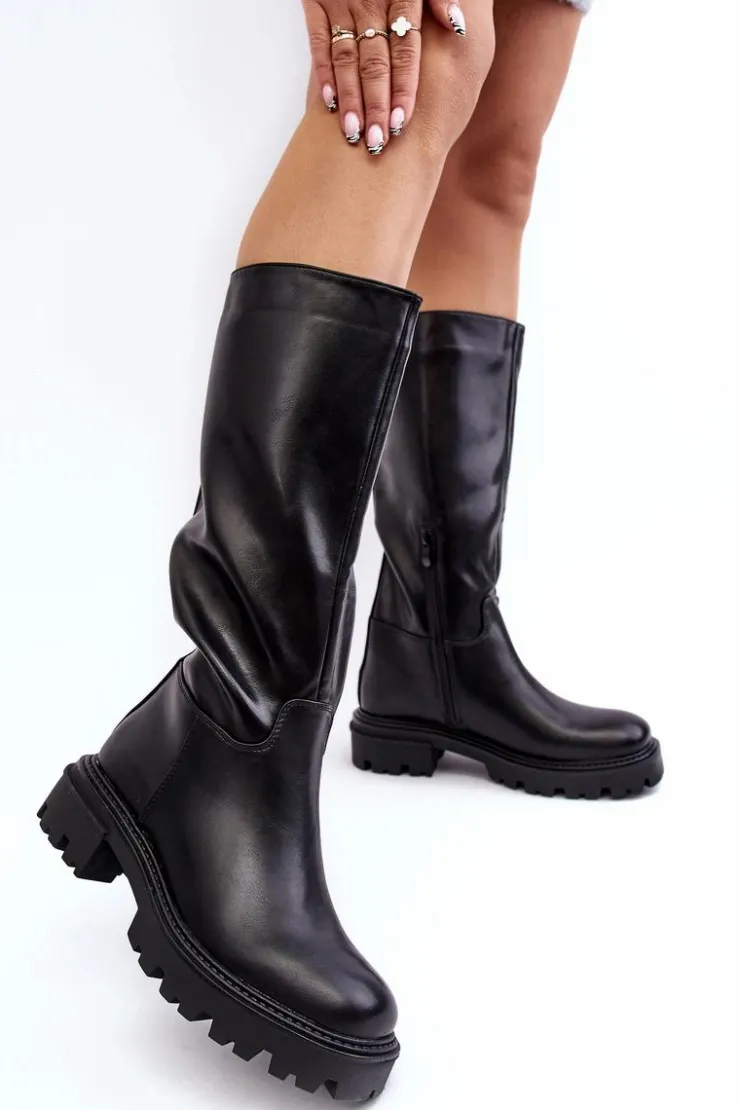 Sale Boto Kozaki Do Połowy Łydki Na Płaskim Obcasie Wsuwane Czarne Eamantha