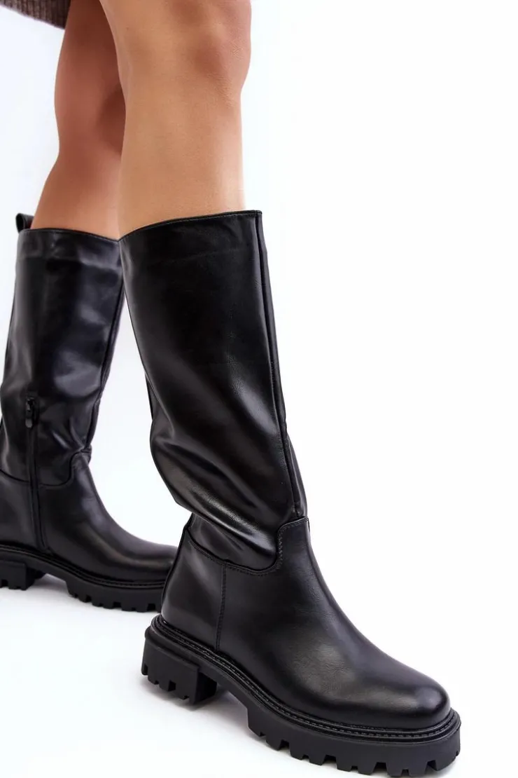 Sale Boto Kozaki Do Połowy Łydki Na Płaskim Obcasie Wsuwane Czarne Eamantha