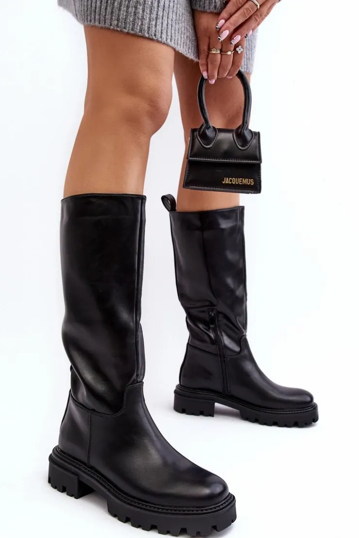 Sale Boto Kozaki Do Połowy Łydki Na Płaskim Obcasie Wsuwane Czarne Eamantha