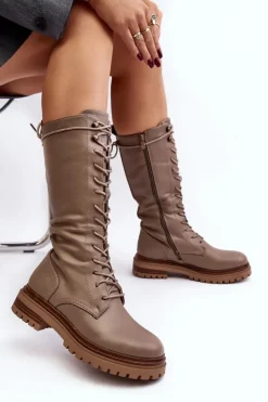 Boto Kozaki Wiosenne|Kozaki Płaskie*Kozaki Glany Damskie Do Połowy Łydki Sznurowane Beżowe Elavettsa