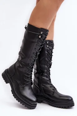 Damskie Boto Kozaki Glany Damskie Do Połowy Łydki Sznurowane Czarne Elavettsa