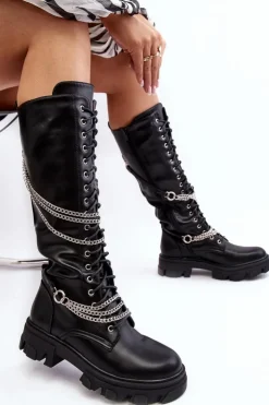 New Boto Kozaki Glany Damskie Z Łańcuchami Czarne Lannera