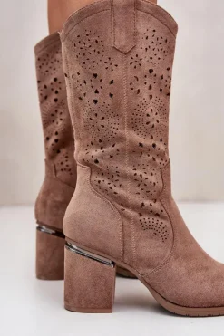 Damskie buty S.Barski Kozaki Ażurowe|Kozaki Przed Kolano*Kozaki Kowbojki Damskie Ażurowe Na Obcasie Słupku Eko Zamszowe Brązowe S.Barski HY42-028