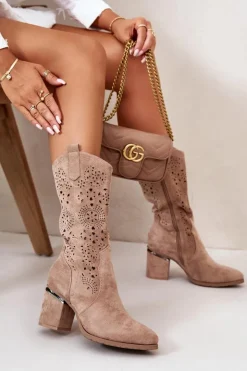 Sale Damskie buty S.Barski Kozaki Kowbojki Damskie Ażurowe Na Obcasie Słupku Eko Zamszowe Beżowe S.Barski HY42-028