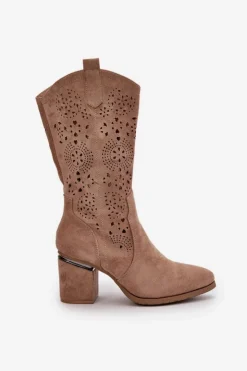 Sale Damskie buty S.Barski Kozaki Kowbojki Damskie Ażurowe Na Obcasie Słupku Eko Zamszowe Beżowe S.Barski HY42-028