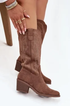 Damskie Buty damskie Vinceza Kozaki Kowbojki Damskie Na Obcasie Ocieplane Vinceza 16508 Ciemnobeżowe