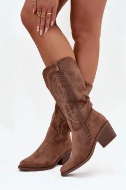 Damskie Buty damskie Vinceza Kozaki Kowbojki Damskie Na Obcasie Ocieplane Vinceza 16508 Ciemnobeżowe