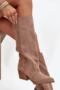 Outlet Boto Kozaki Kowbojki Damskie Na Zamek Beżowe Isalina