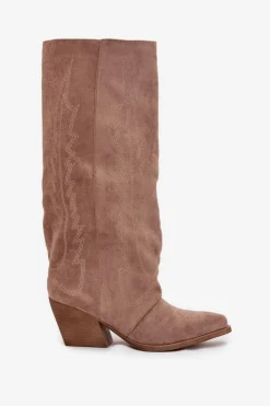 Outlet Boto Kozaki Kowbojki Damskie Na Zamek Beżowe Isalina