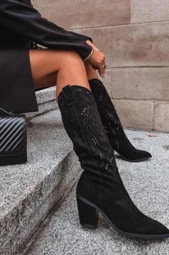 Boto Kozaki Przed Kolano|Kozaki Na Obcasie*Kozaki Kowbojki Damskie Na Słupku Z Eko Zamszu Czarne Coretta Czarny