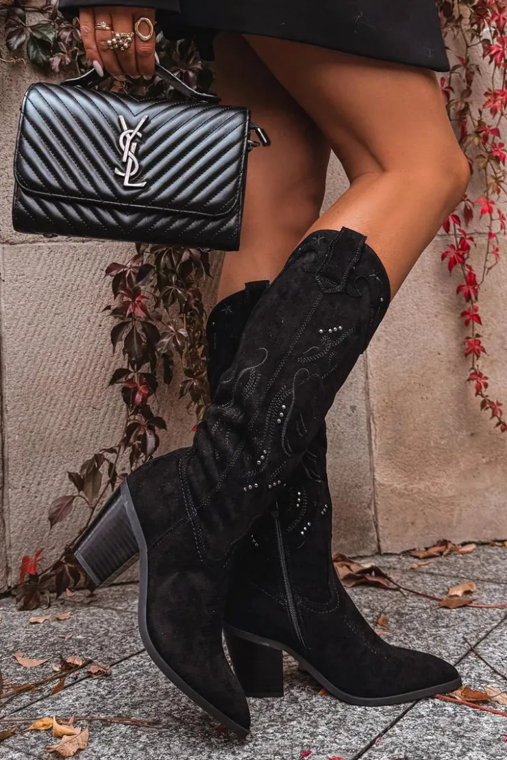 Boto Kozaki Przed Kolano|Kozaki Na Obcasie*Kozaki Kowbojki Damskie Na Słupku Z Eko Zamszu Czarne Coretta Czarny