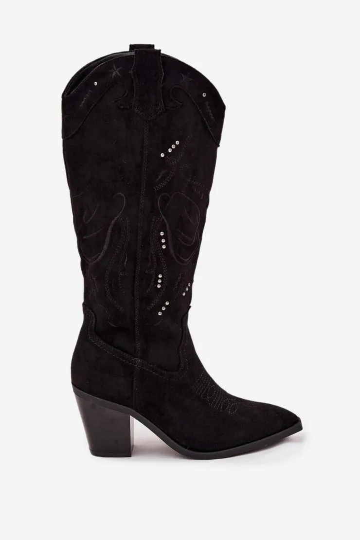 Boto Kozaki Przed Kolano|Kozaki Na Obcasie*Kozaki Kowbojki Damskie Na Słupku Z Eko Zamszu Czarne Coretta Czarny