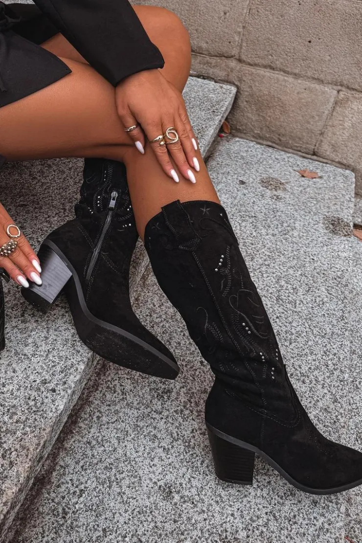 Boto Kozaki Przed Kolano|Kozaki Na Obcasie*Kozaki Kowbojki Damskie Na Słupku Z Eko Zamszu Czarne Coretta Czarny