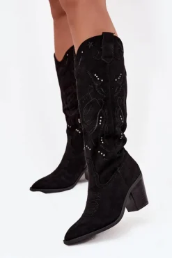 Boto Kozaki Przed Kolano|Kozaki Na Obcasie*Kozaki Kowbojki Damskie Na Słupku Z Eko Zamszu Czarne Coretta Czarny