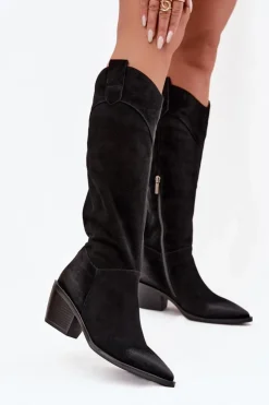 Damskie Artiker Kozaki Kowbojki Damskie Na Obcasie Z Naturalnego Zamszu 57C0232 Czarne