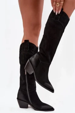 Damskie Artiker Kozaki Kowbojki Damskie Na Obcasie Z Naturalnego Zamszu 57C0232 Czarne