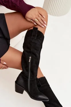Damskie Artiker Kozaki Kowbojki Damskie Na Obcasie Z Naturalnego Zamszu 57C0232 Czarne