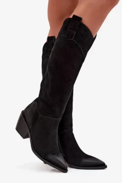 Damskie Artiker Kozaki Kowbojki Damskie Na Obcasie Z Naturalnego Zamszu 57C0232 Czarne