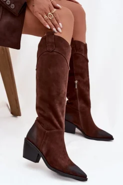 Damskie Artiker Kozaki Kowbojki Damskie Na Obcasie Z Naturalnego Zamszu 57C0230 Brązowe