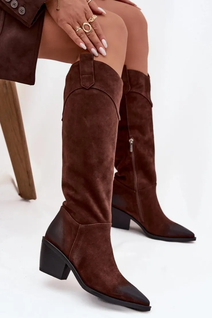 Damskie Artiker Kozaki Kowbojki Damskie Na Obcasie Z Naturalnego Zamszu 57C0230 Brązowe