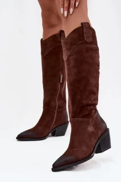 Damskie Artiker Kozaki Kowbojki Damskie Na Obcasie Z Naturalnego Zamszu 57C0230 Brązowe