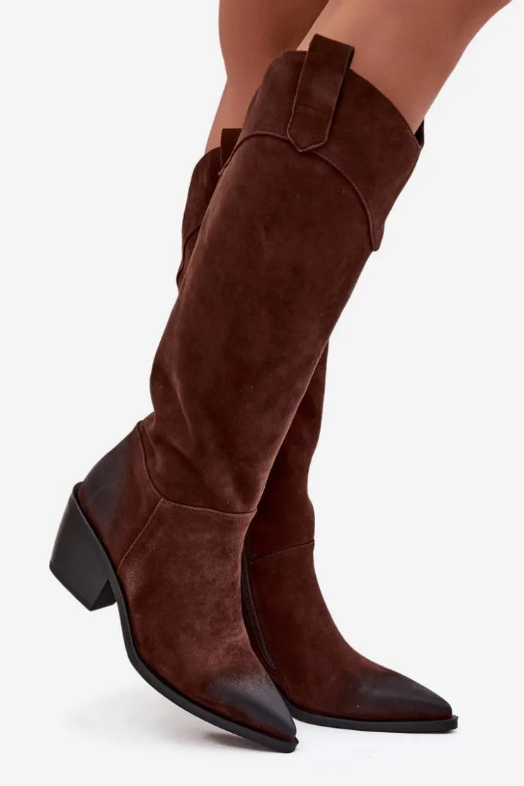 Damskie Artiker Kozaki Kowbojki Damskie Na Obcasie Z Naturalnego Zamszu 57C0230 Brązowe