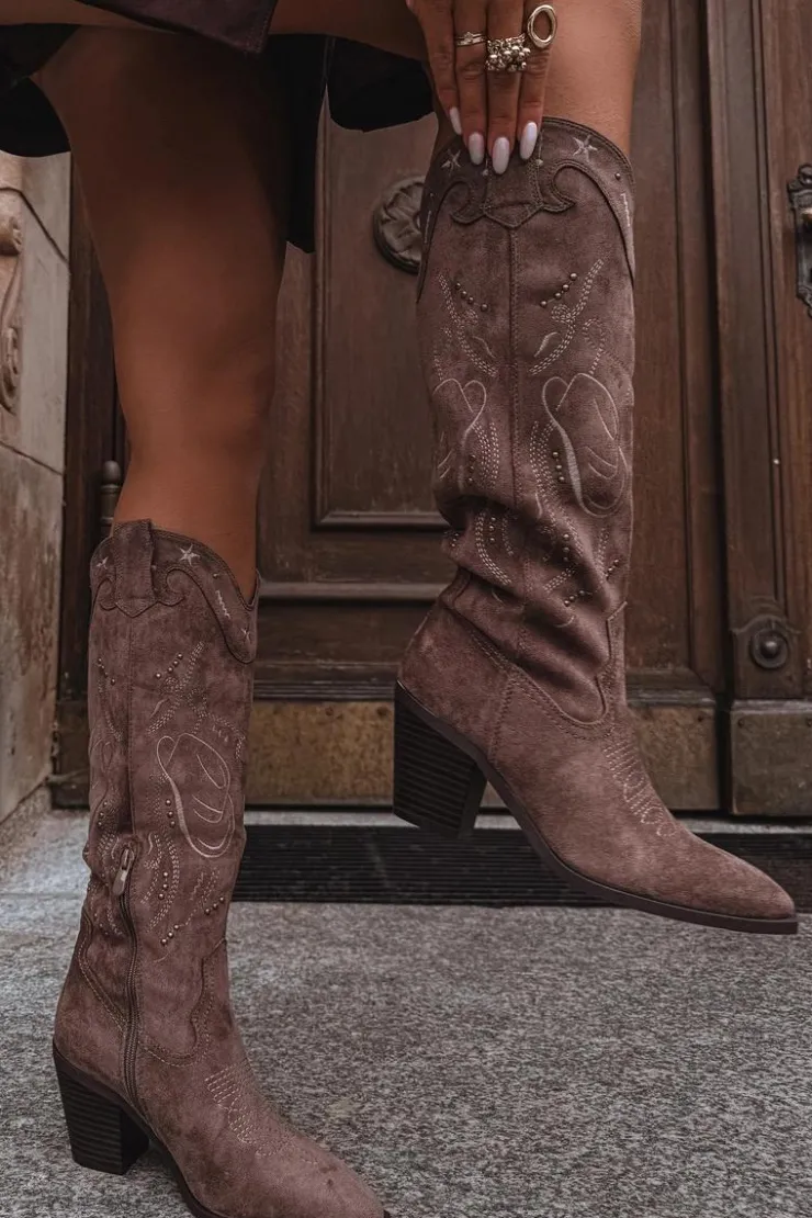 Online Boto Kozaki Kowbojki Damskie Na Słupku Z Eko Zamszu Khaki Coretta Beżowy