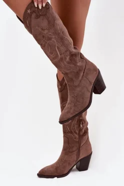 Online Boto Kozaki Kowbojki Damskie Na Słupku Z Eko Zamszu Khaki Coretta Beżowy