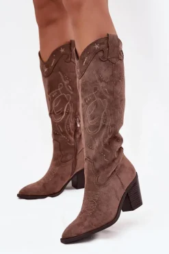 Online Boto Kozaki Kowbojki Damskie Na Słupku Z Eko Zamszu Khaki Coretta Beżowy