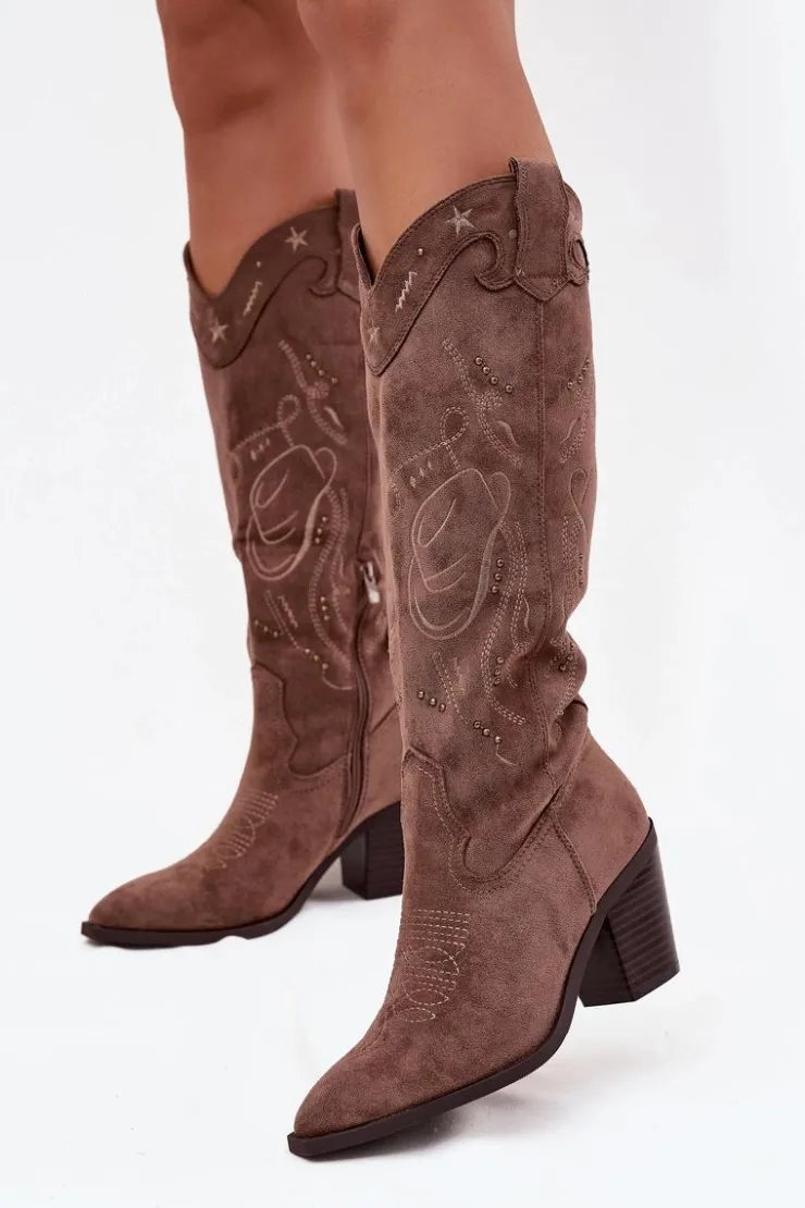 Online Boto Kozaki Kowbojki Damskie Na Słupku Z Eko Zamszu Khaki Coretta Beżowy