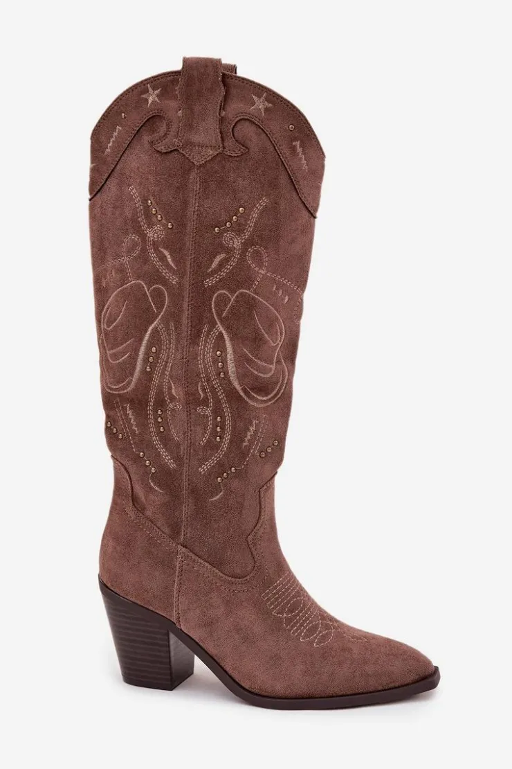 Online Boto Kozaki Kowbojki Damskie Na Słupku Z Eko Zamszu Khaki Coretta Beżowy